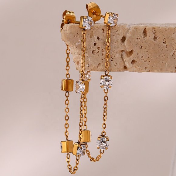 18K Gold Plated Chic Geometric Zircon Chain Drop Earrings Stainless Steel - Picture 4 of 9